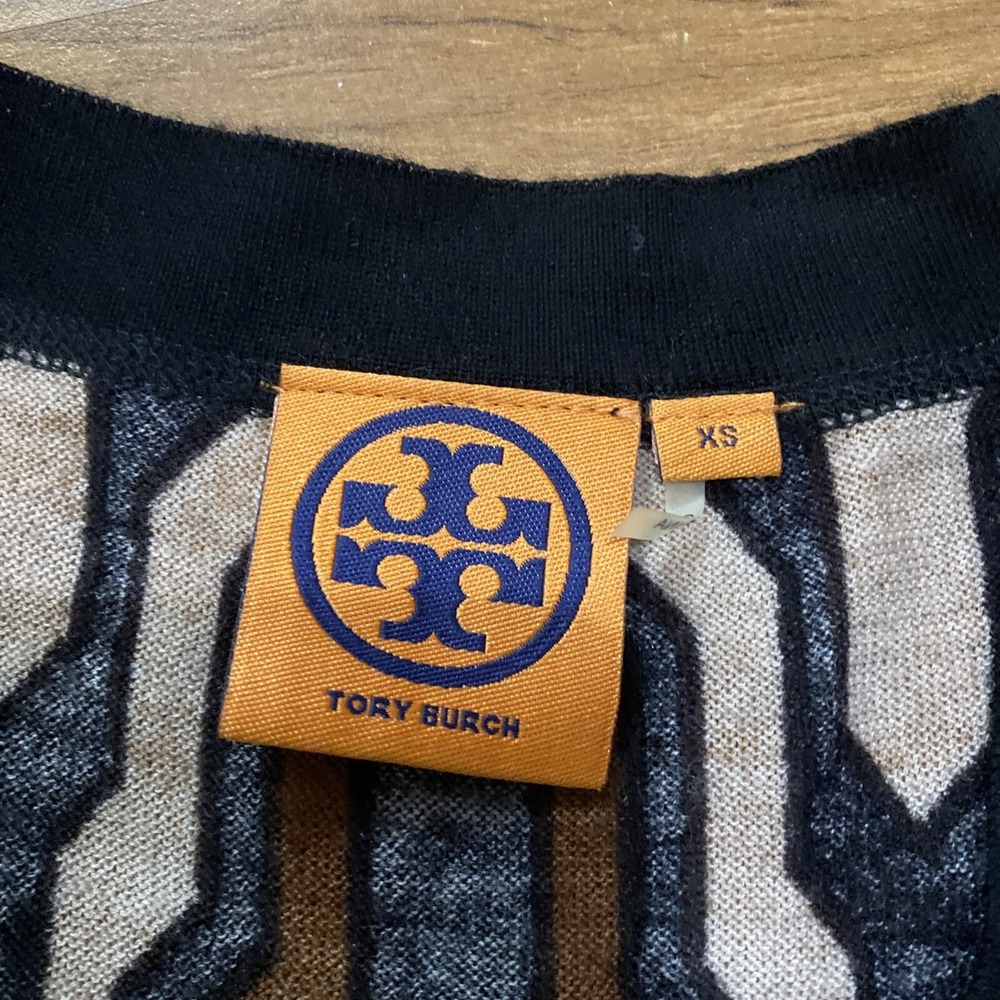 Tory Burch Merino Wool Gold Button L/S Black brown Geometric Cardigan Sz XS - Picture 3 of 8